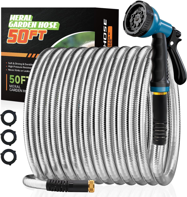 Garden Hose 50 FT Stainless Steel Water Hose with 10 Functions Adjustable Spray