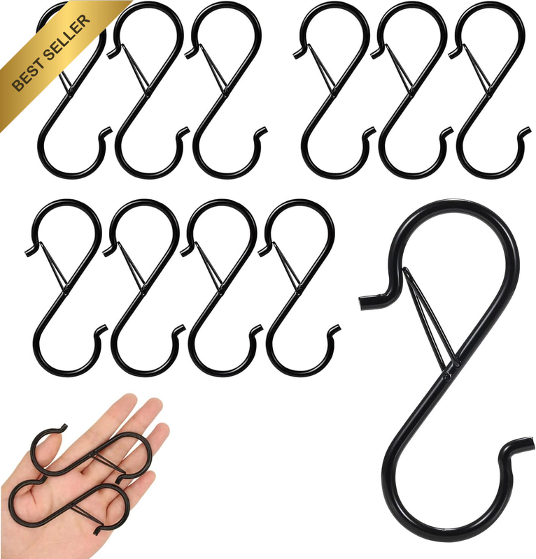 12 PCS S Hooks for Hanging with Safety Buckle, Heavy Duty Metal S Shaped Hooks f
