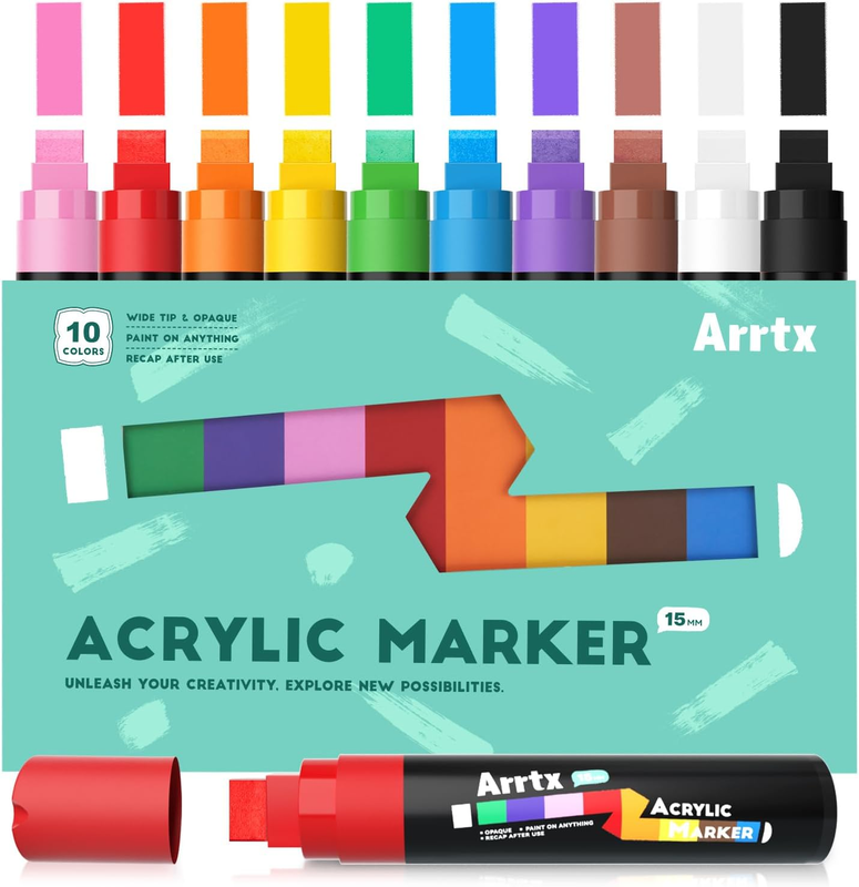 Arrtx Acrylic Jumbo Markers 15Mm Jumbo Felt Tip, 10 Acrylic Paint Pens for Rock