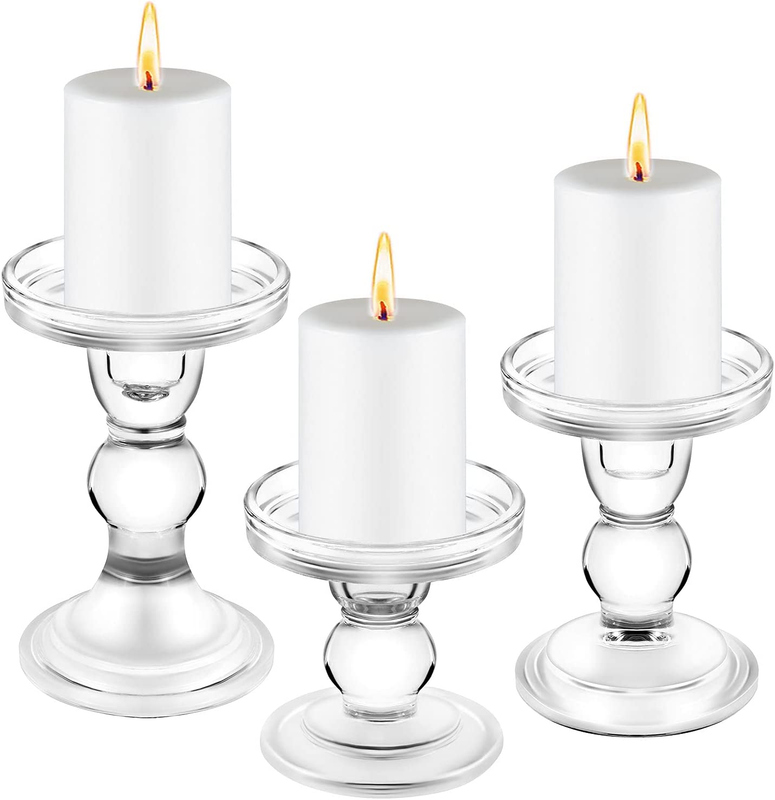 Set Of 3, Clear Crystal Candlestick Holders For Pillar Taper