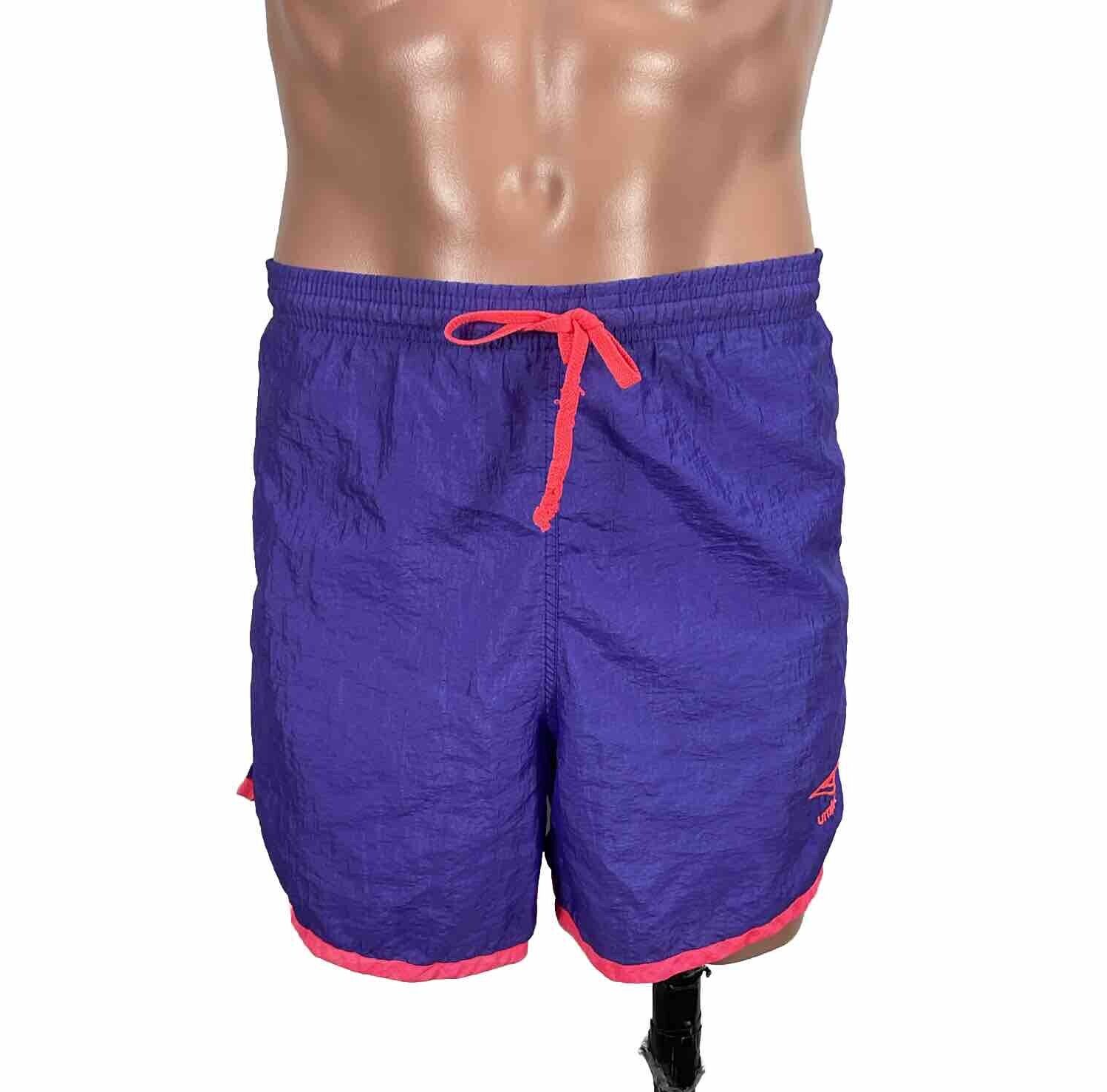 Vintage 80s Umbro Print Neon Purple Pink Sand Soccer Shorts