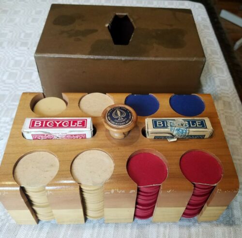 1940s U.S. Playing Card Co Branded 199 Wood Poker Chips, Caddy...