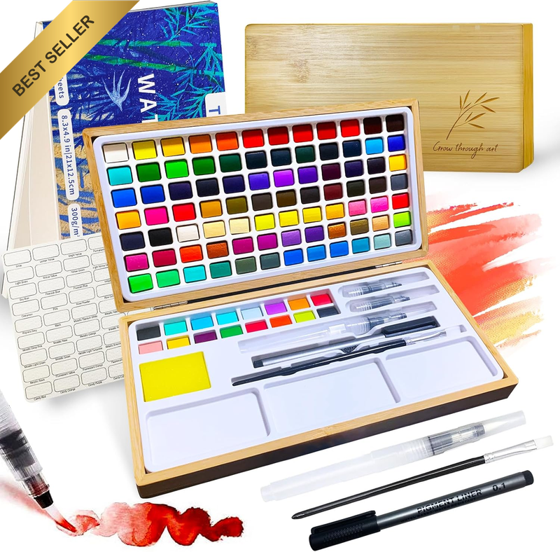 Watercolor Paint Set,100 Colors in Nature Bamboo Box,Portable Water Colors Kit w