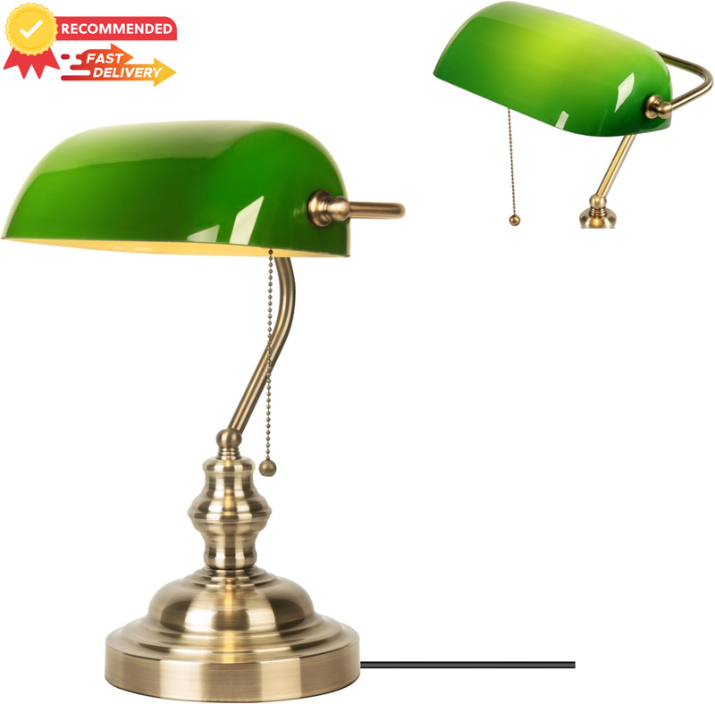 Antique Green Glass Desk Lamp Brass Base Vintage E26 Pull Chain Light