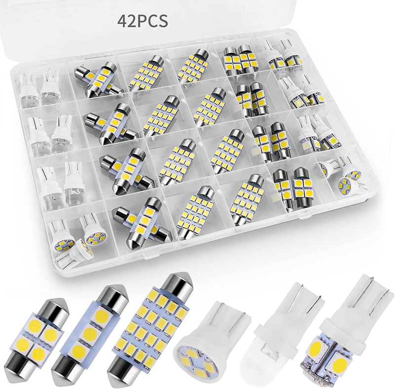 42Pc White LED Interior Car Lights Kit Dome Map T10 194 31mm 41mm DE3175 Bulbs
