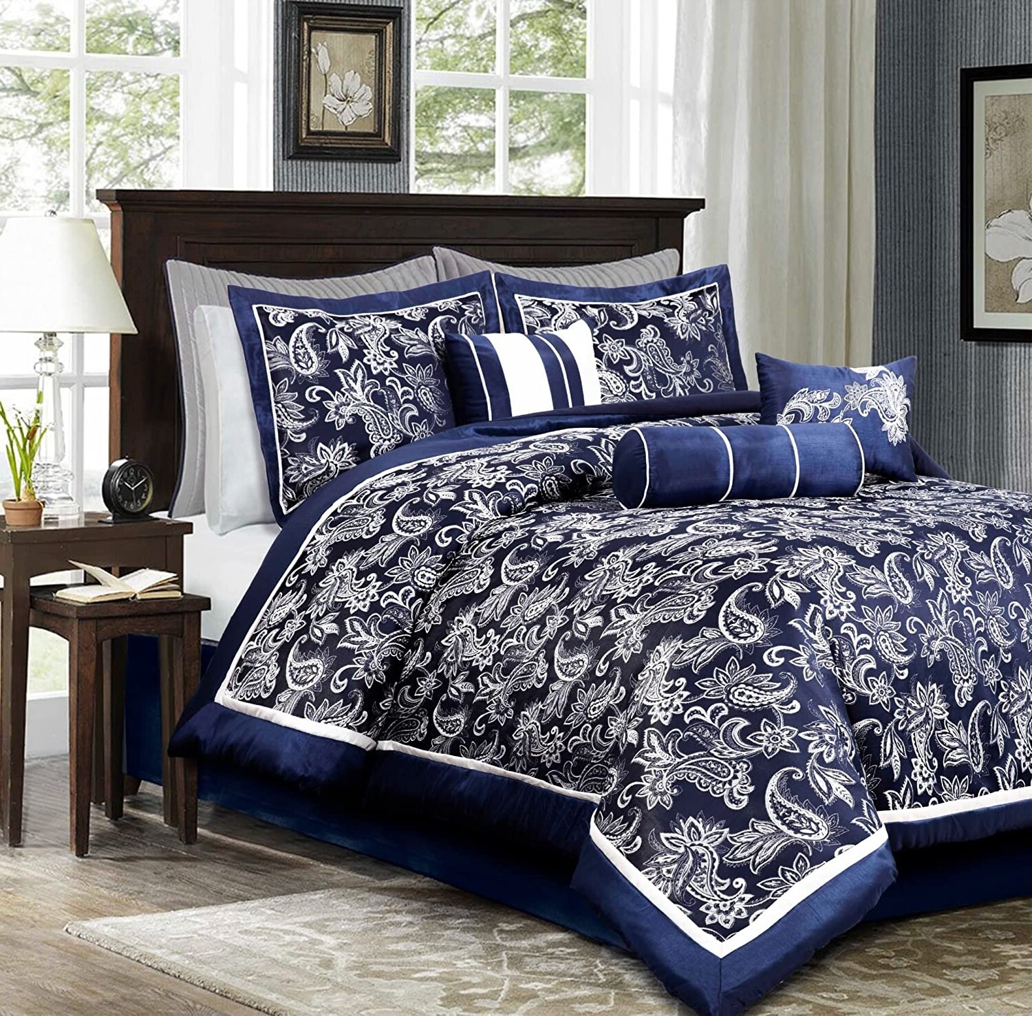 Silky Navy Silver Paisley Jacquard 7 pcs Cal King Queen Silky Navy Silver Paisley Jacquard 7 pcs Cal King Queen