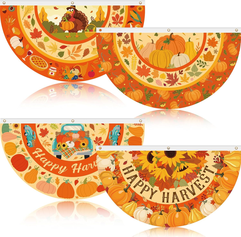 Tudomro 4 Pcs Fall Thanksgiving Bunting Fan Flag for Outdoor 1.5 X 3 Ft