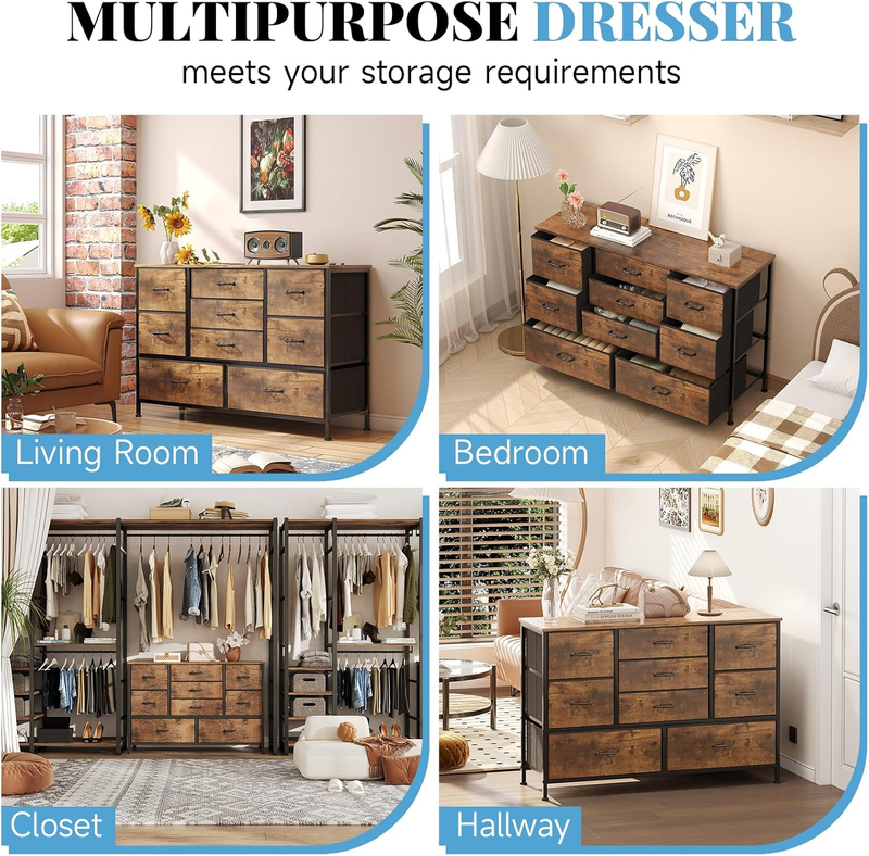 Tall 9 Drawers Dresser Storage with Wood Top, TV Stand, Fabric Wide Storage Towe