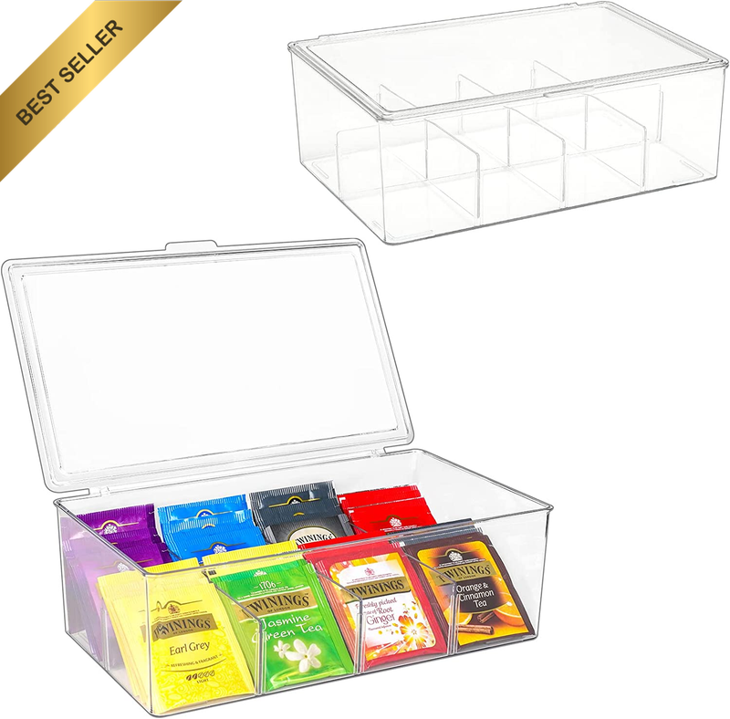 [2 Pack]  Clear Tea Bag Organizer for Cabinet Pantry, Divided Bin Storage Contai