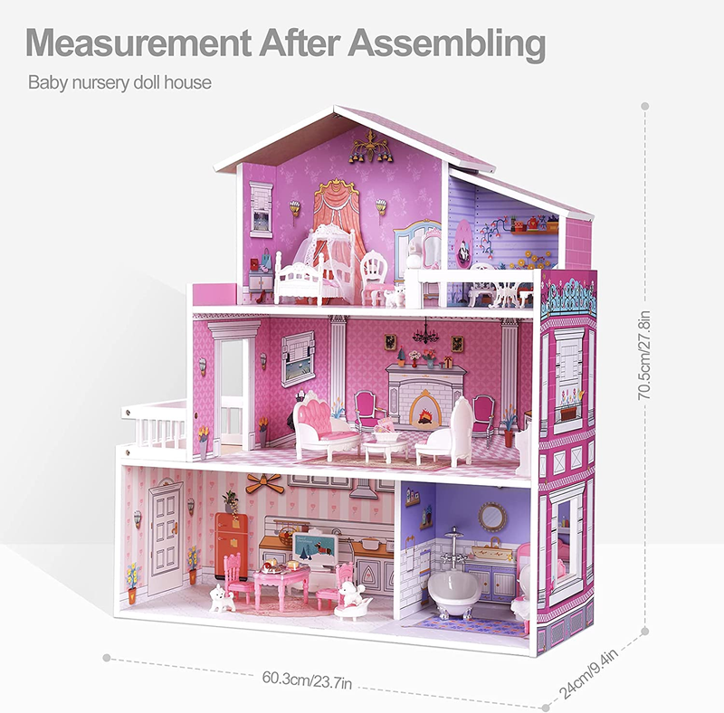 Wooden Dollhouse Playset, 3 Stories, 5 Rooms, 24 PCS Furniture, Pretend Play Toy