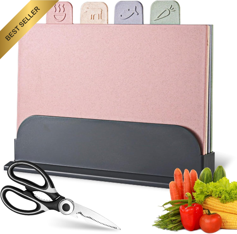 4Pcs Chopping Boards Set with Stand and 1 Pair of Kithchen Scissors,Index Plasti
