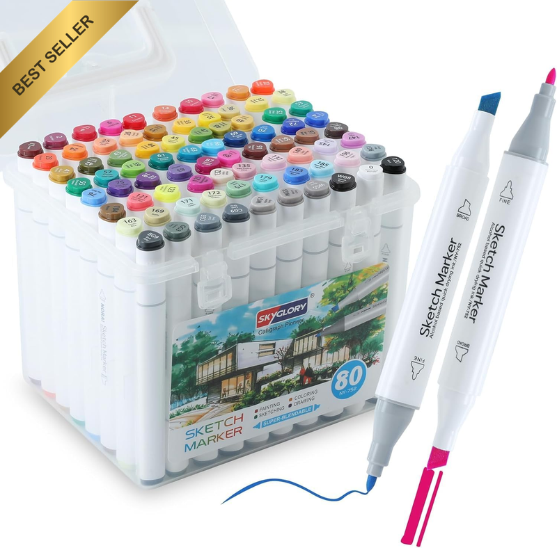 Alcohol Markers 80 Colours – Dual Tip Brush & Fine Art Pens for Colouring, Drawi