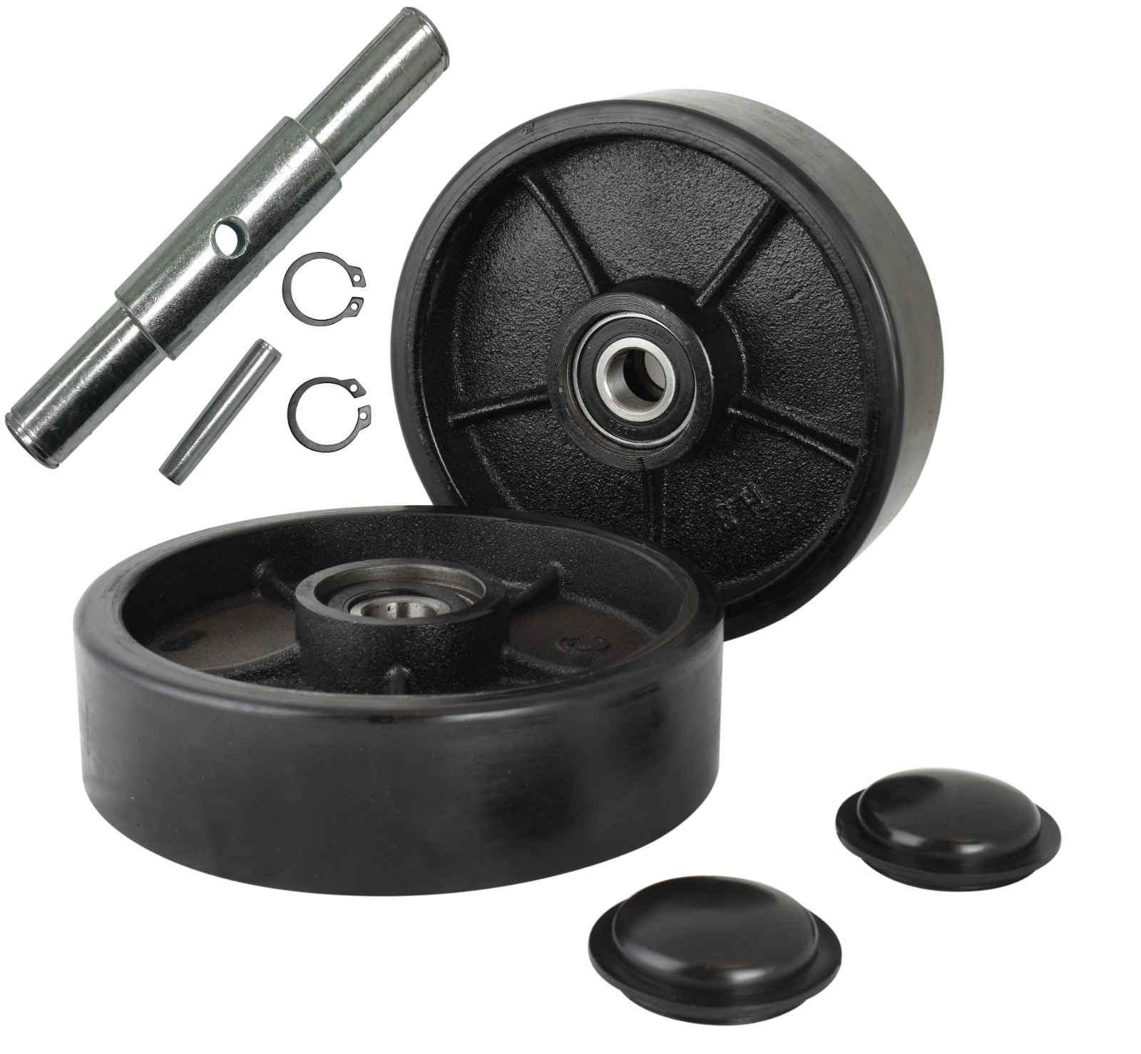 Pallet Jack/Truck Steering Wheels 7" Set with Axle, Fasteners & Protective Caps