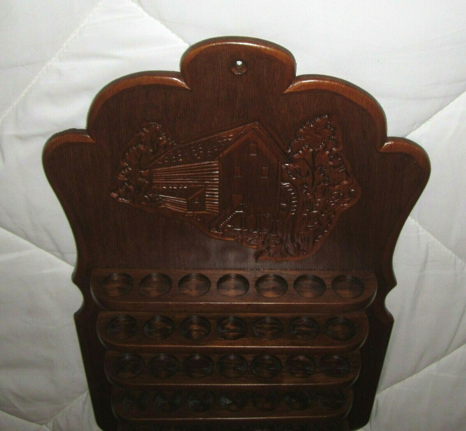 Carved Wood 35 Thumb Thimble Wall Rack Holder Display Etched Water Mill Scene