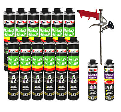 Bauschaum Pistolenschaum Montageschaum SET 12 x 750 ml +1 Pistole + 2 Reiniger 