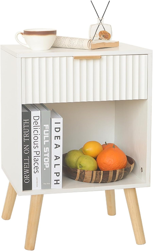 White Nightstand, Modern Bedside Table with Drawer and Opening Storage, Fluted End Side Table Living Room with Solid Wood Legs for Bedroom (White)