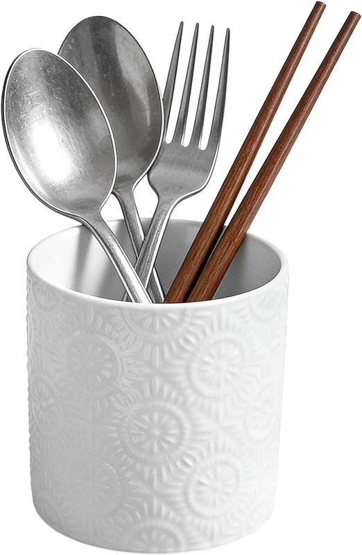 Kitchen Utensil Holder Relief Utensil Pot White Cutlery Holder for Countertop Cu