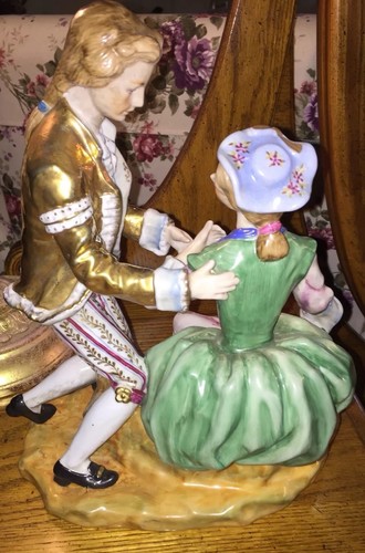 ANTIQUE GERMAN-GERMANY RARE DRESDEN PORCELAIN FIGURINE-LARGE SEATED LADY AND MAN