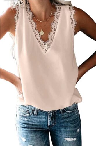 Women Summer Cami Shirt Sleeveless Eyelash Lace V Neck Tank Top Blouse Vest