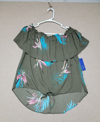 NWT~ APT 9 Woman's Size M Off Shoulder Tie Front Blouse Hi-Lo Hem Olive