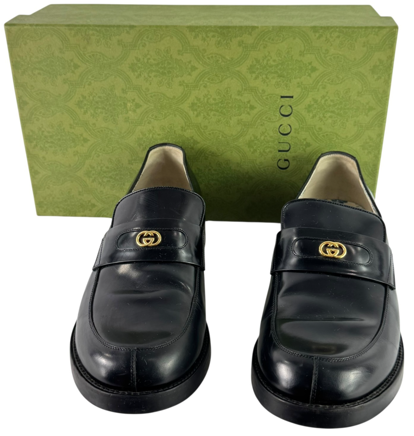 GUCCI 658224 Interlocking GG Black Leather Men Loafers Made in