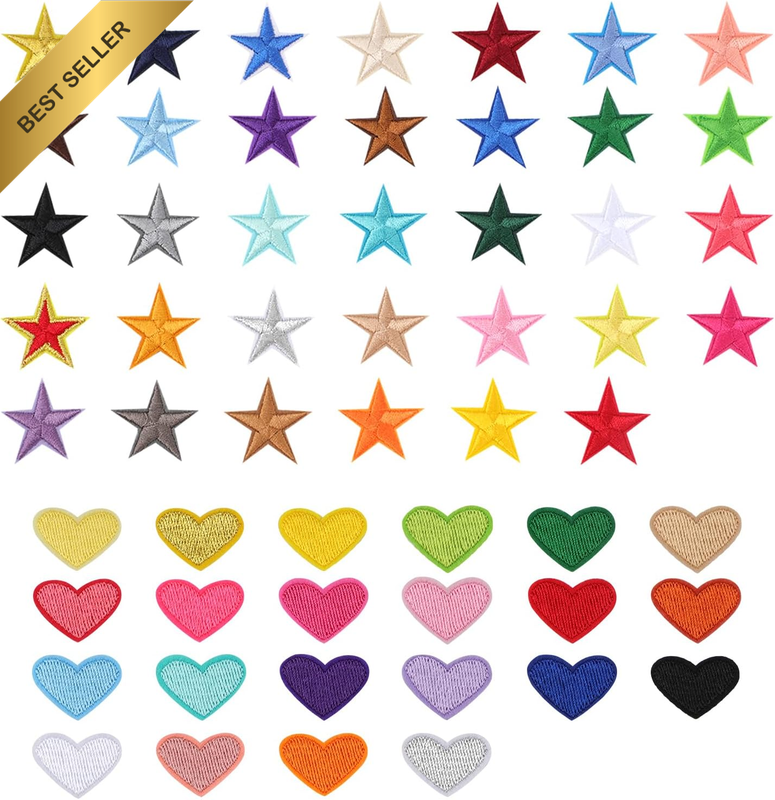 90Pcs Star and Heart Iron on Patches Sew, Star and Heart Applique Embroidered Pa