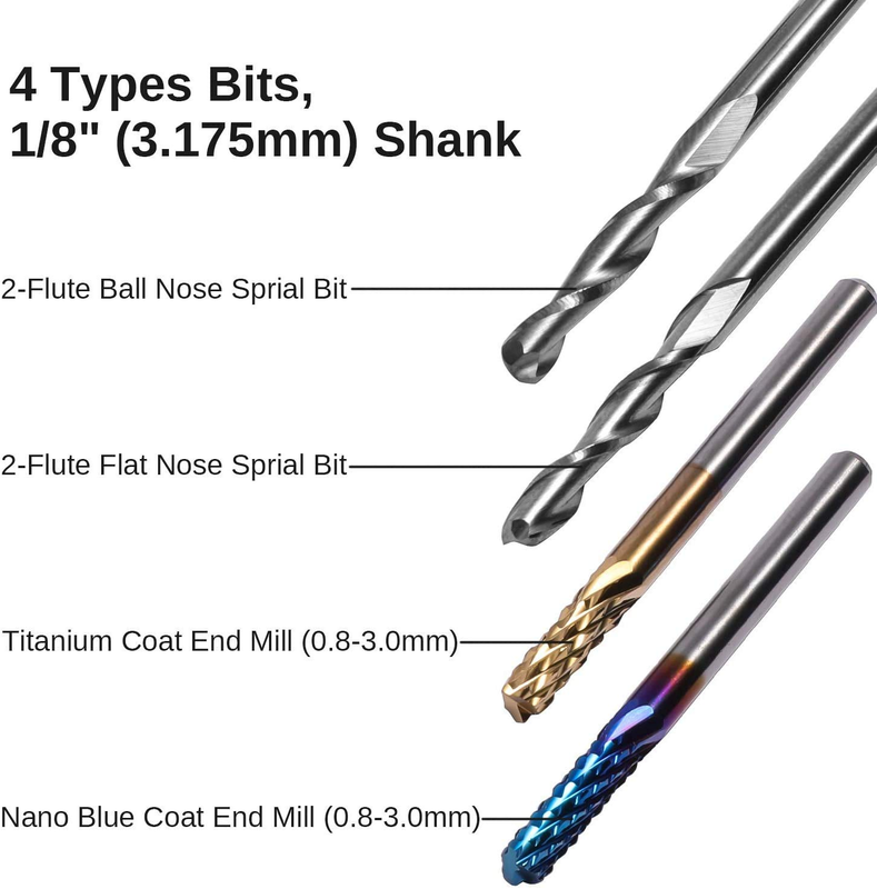 40pcs End Mills CNC Router Bits, 1/8" Shank, 6.35mm Cutting Diameter, 2-Flute Ba