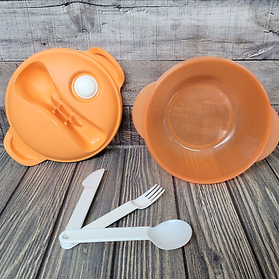 Tupperware Crystal Wave Plus Lunch Bowl w/Utensils Hot Food On The Go Orange EUC