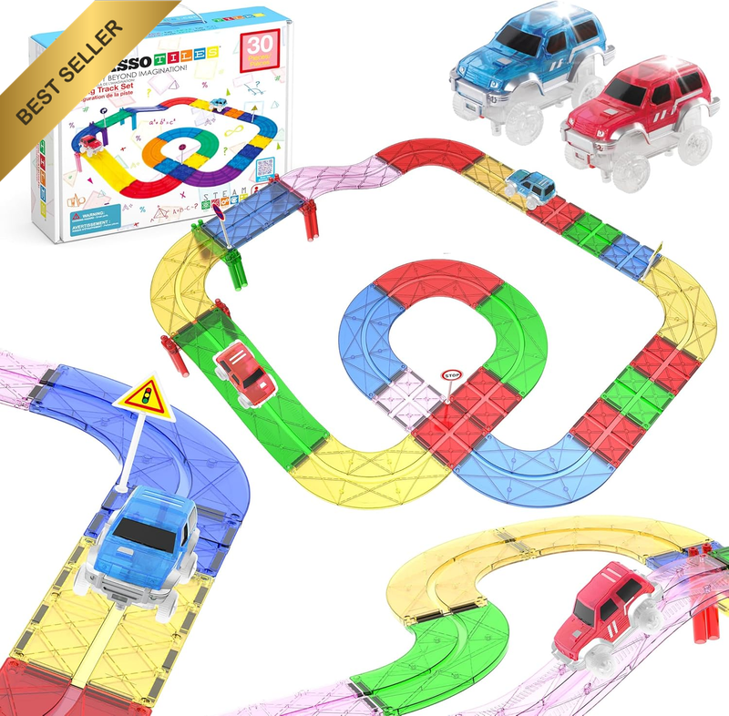Magnetic Race Track Building Blocks with 2 Trucks & STEM Tiles Ages 3+