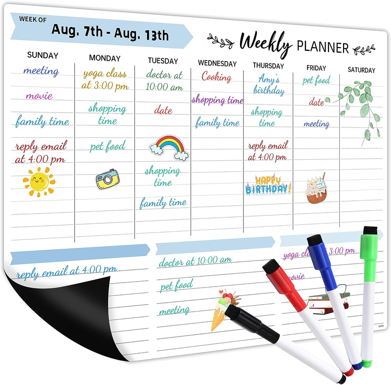 Magnetic Calendar for Fridge - Weekly Dry Erase Board with 4