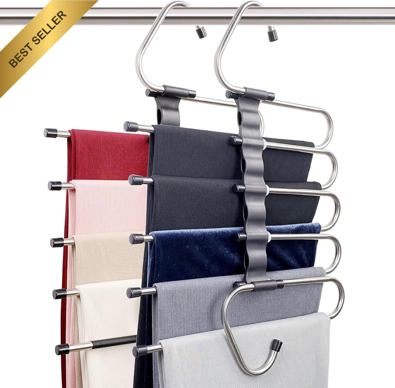 2 Pack 5-in-1 Pants Hangers Non Slip Adjustable Multi Layer Space Saving Clips