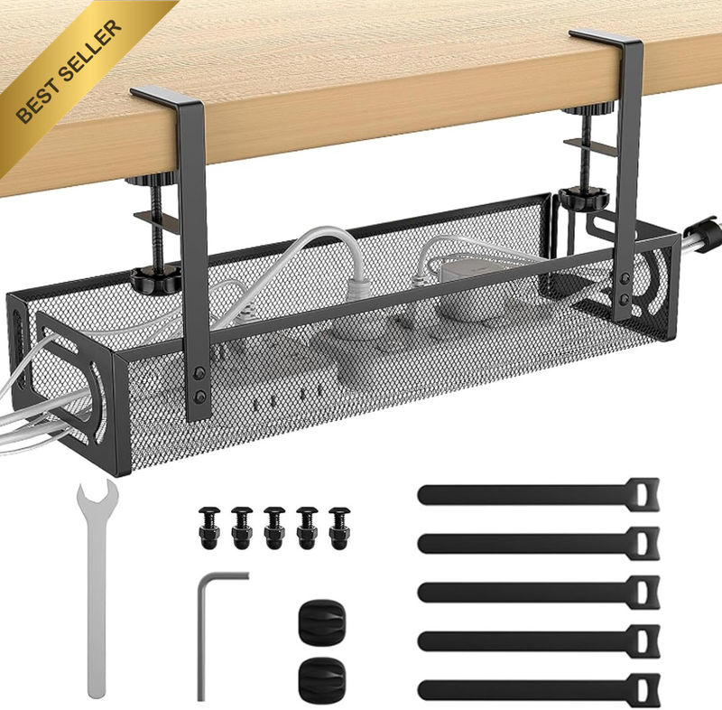 Under Desk Cable Management Tray,No Drill Mesh Desk Cables Trays with Clamp,Wire