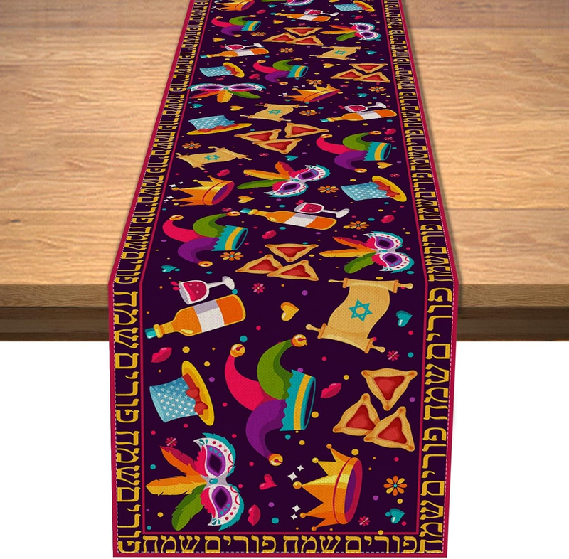 Happy Purim Table Runner Jewish Holiday Carnival Party Circus Clown Table Cover