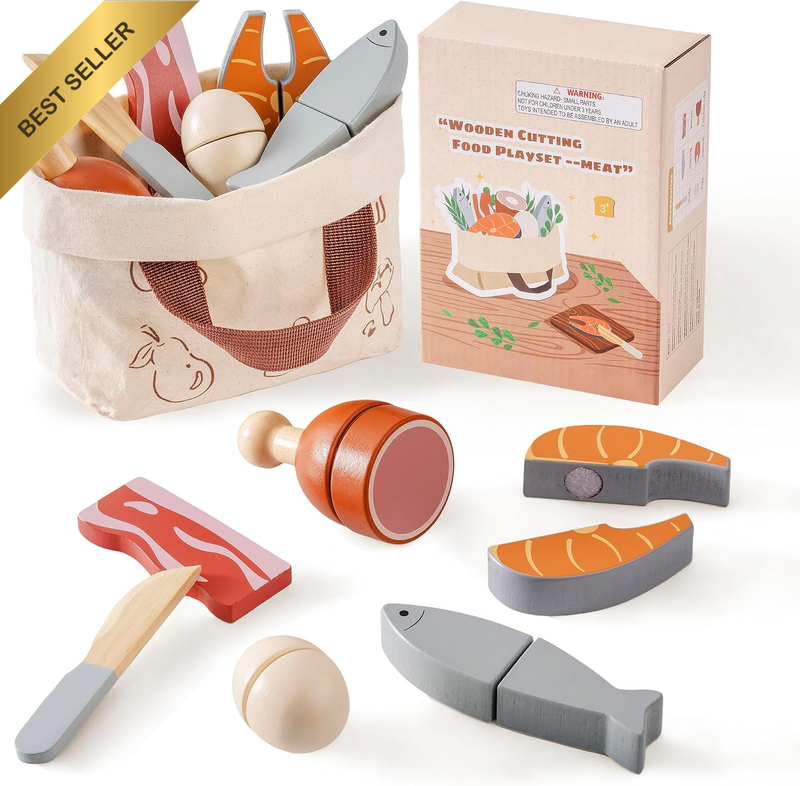 Wooden Play Food Cutting Meat & Eggs Set for Kids