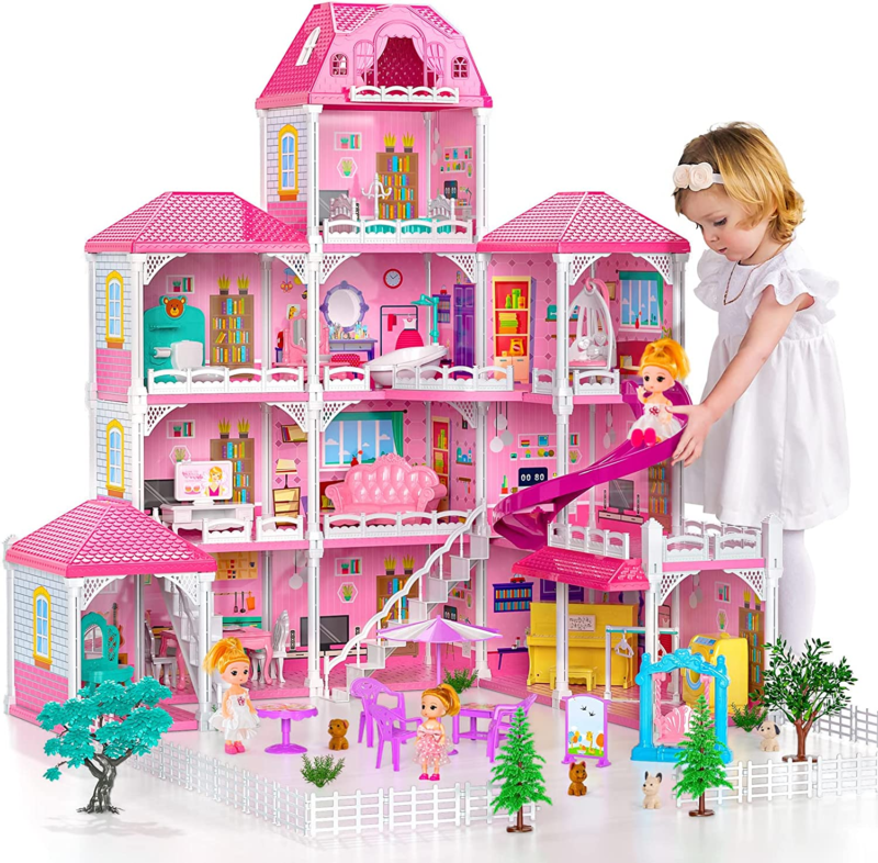 Doll House Dreamhouse for Girls - 4-Story 12 Rooms Playhouse with 2 Dolls Toy Fi Doll House Dreamhouse for Girls - 4-Story 12 Rooms Playhouse with 2 Dolls Toy Fi