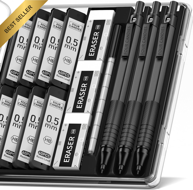 0.5Mm Mechanical Pencil Set with Case, 3PCS Metal Artist Lead Pencil with 8 Tube