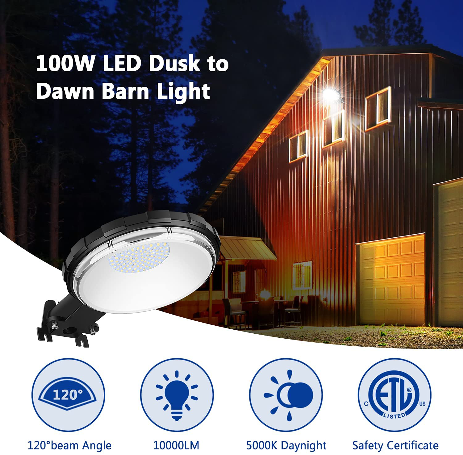 75W 8400LM LED Barn Yard Flood Light with Outside Sensor, Dusk to Dawn