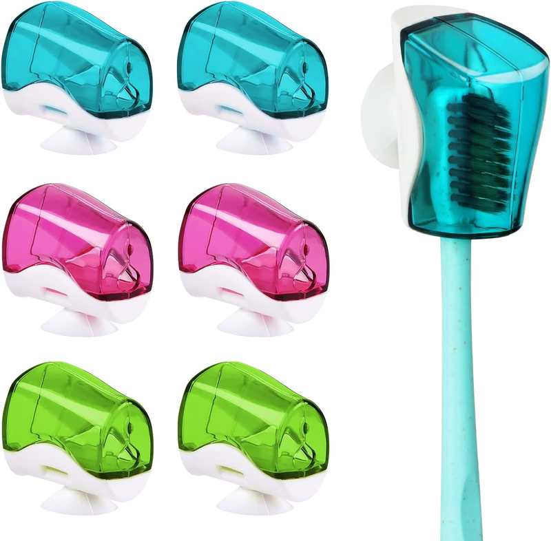 6 Pack Travel Toothbrush Head Covers with Suction Cup Electric and Manual Toothbrush Cover Clip Portable Plastic Toothbrush Protector Cap Brush Pod Case for Traveling, Camping, Bathroom, Home, School