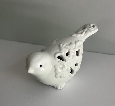 White Porcelain Ceramic Bird Figurine with Cut-Out Designs - 3''