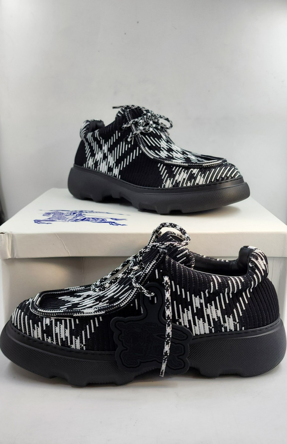 Burberry Check Woven Creeper Shoes Men's 10US Black/White Round Moc Toe Lace Up - Picture 3 of 19