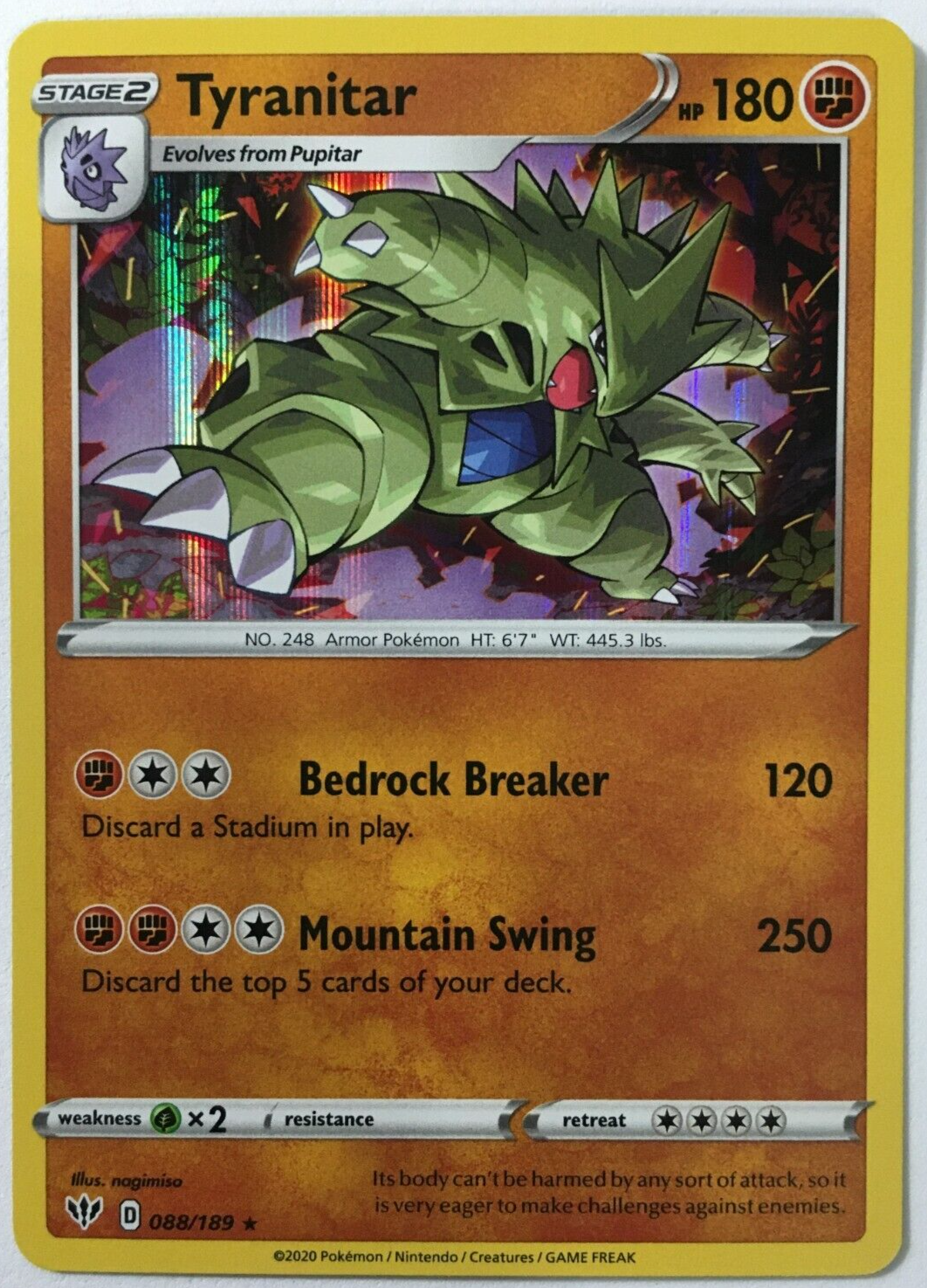 POKEMON TYRANITAR 088/189 DARKNESS ABLAZE RARE HOLO NEAR