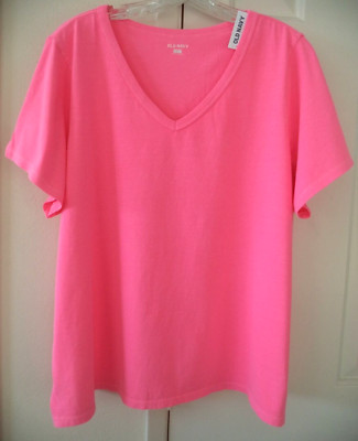 Old Navy Hot Neon Bubble Gum Pink Slight Slub VNeck TShirt Knit L 12 14 16 Large