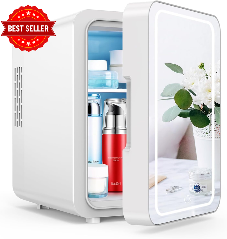 Mini Skincare Fridge with LED Mirror, 4L/6Can Skin Care Fridge for Makeup Cosmet