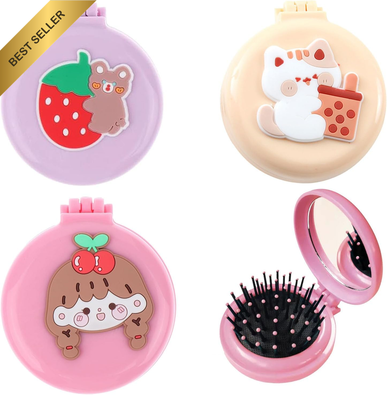 3 PCS Travel Hair Brush with Mirror Portable Mini Hair Brush Mini Compact Hair C