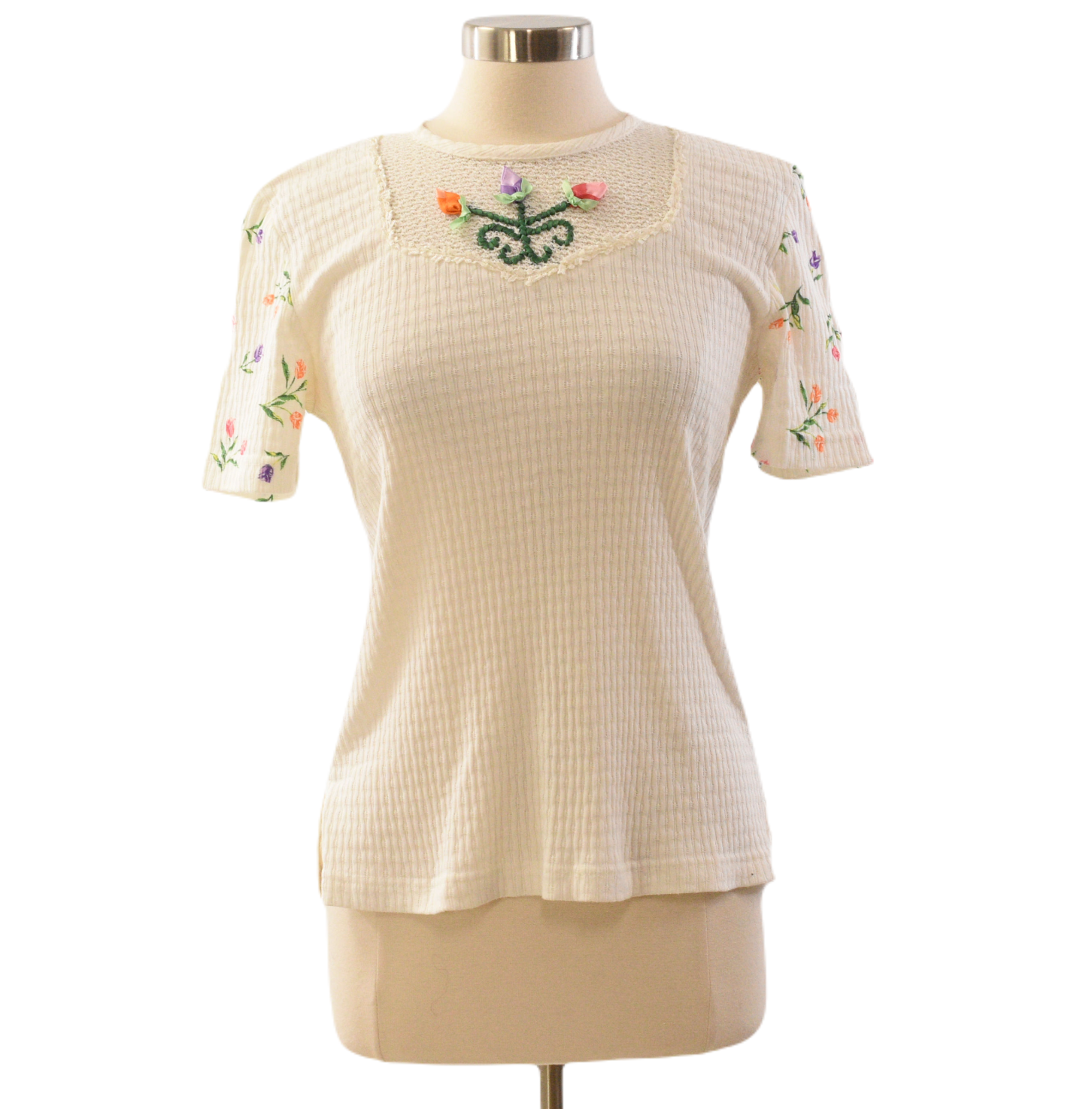 90s Lacy Afternoon White Floral Ribbon Knit Scoop Neck Top S
