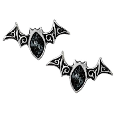 ALCHEMY BAT EARRINGS VIENNESE NIGHTS Gothic Studs Pewter Black Goth + FREE POUCH
