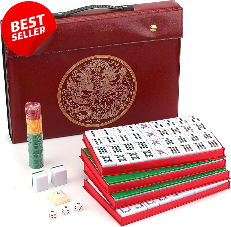 Chinese Mahjong Set XL 1.5 Inch Green Numbered Tiles Travel Case Manual - US