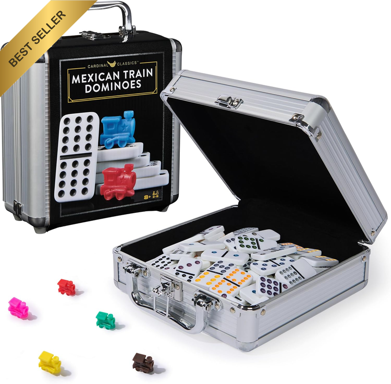 , Cardinal Classics Mexican Train Dominoes Set Tile Board Game in Aluminum Carry