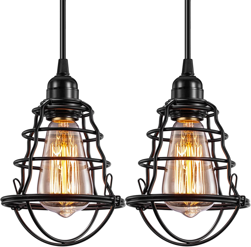 2 Pack Industrial Pendant Light Hanging Lamp Fixture for Kitchen Edison Cage