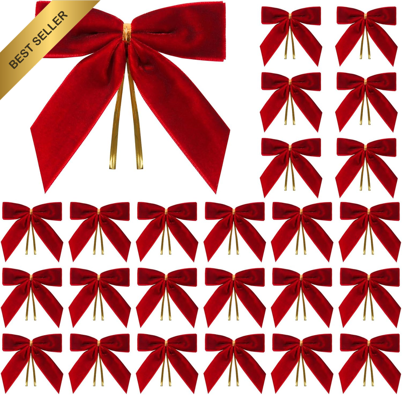 24 Pcs Red Small Velvet Christmas Bows for Christmas Tree, Wreath, Gift Wrapping